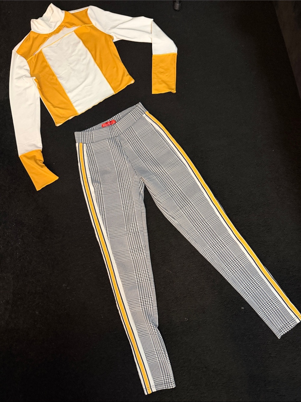 SHEIN White & Mustard Crop Top with Sexy Cut Out & Sexy Plaid and Mustard Pants